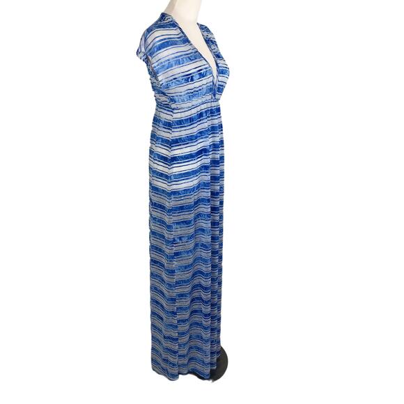 Dream Beach Sheer Maxi Dress Swimsuit Cover Low V Neck Size Medium Blue Vintage - Picture 8 of 11